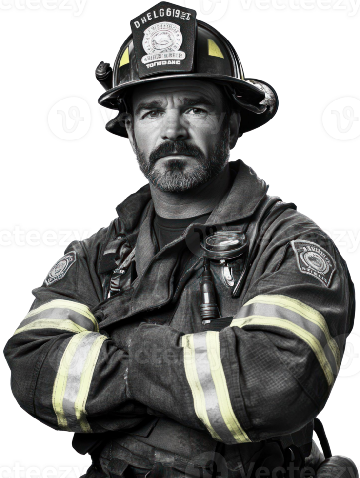 Monochrome Portrait Of A Firefighter In Uniform With Helmet And Stern Expression On Transparent Background png