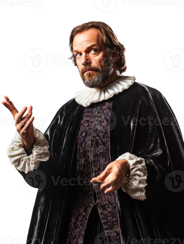 Portrait Of A Man In Black And Purple Velvet Cloak With White Ruffled Collar Gesturing png