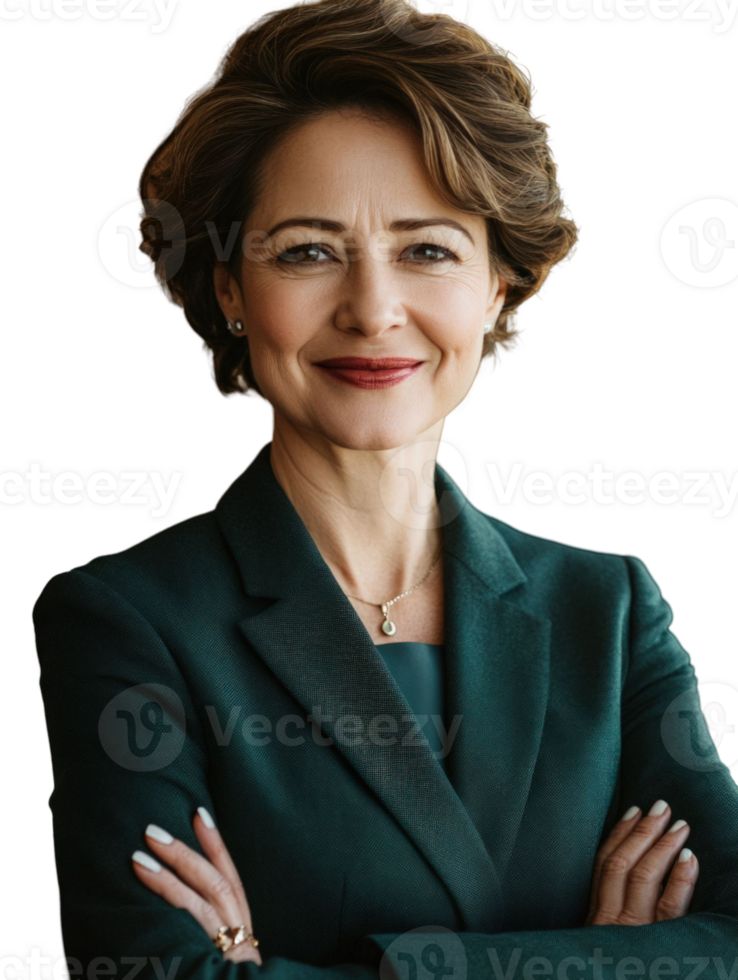 Portrait Of A Confident Woman In Dark Suit With Crossed Arms Smiling And Looking Directly At Camera In Transparent Background png