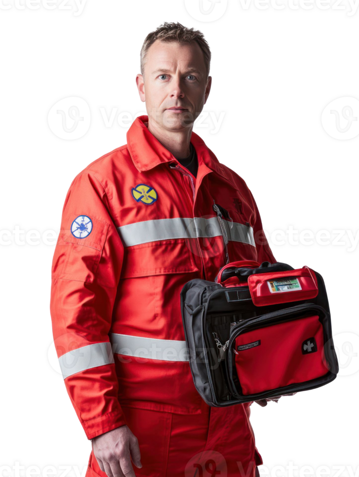 Portrait Of A Serious Man In A Red Medical Uniform Holding A Medical Bag Against A Transparent Background png