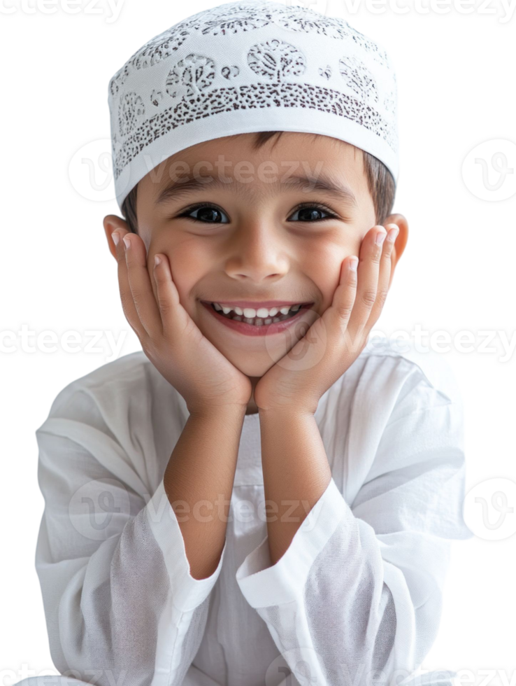Portrait Of A Smiling Young Boy In White Religious Cap And Outfit On Transparent Background png