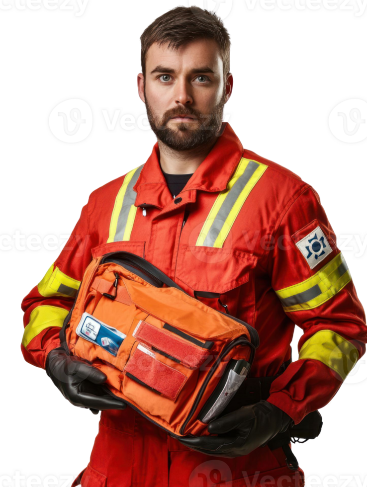 Portrait Of A Man In Red Emergency Uniform Holding First Aid Kit Isolated On Transparent Background png