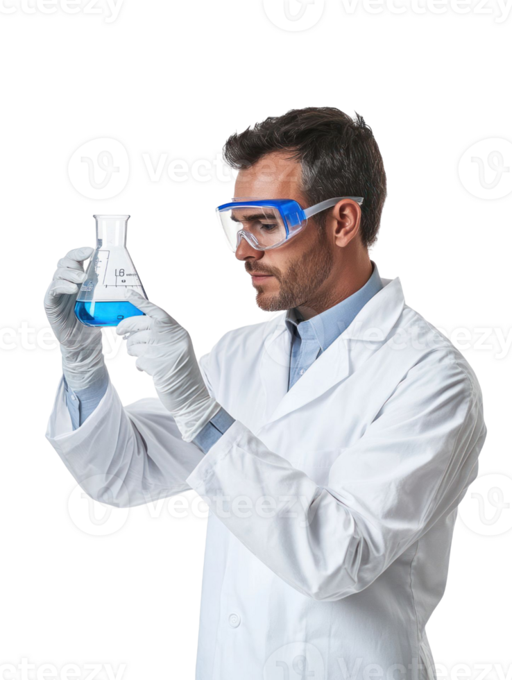 Scientist in White Coat Examines Blue Liquid in Flask With Protective Eyewear on Transparent Background png
