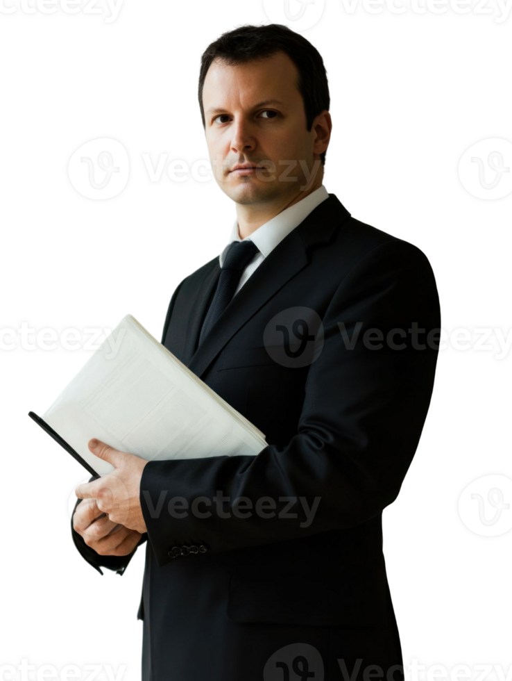 Serious Man in Black Suit Holds Open Book Against Transparent Background Portrait Shot png