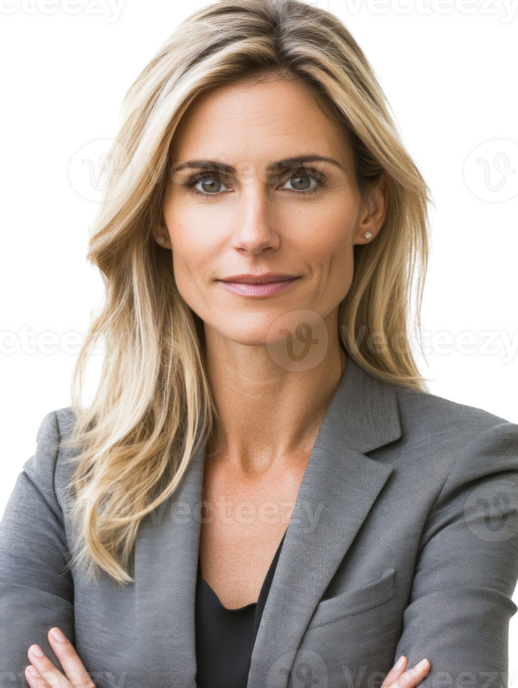 Portrait Of Confident Woman In Gray Blazer With Arms Crossed On Transparent Background png