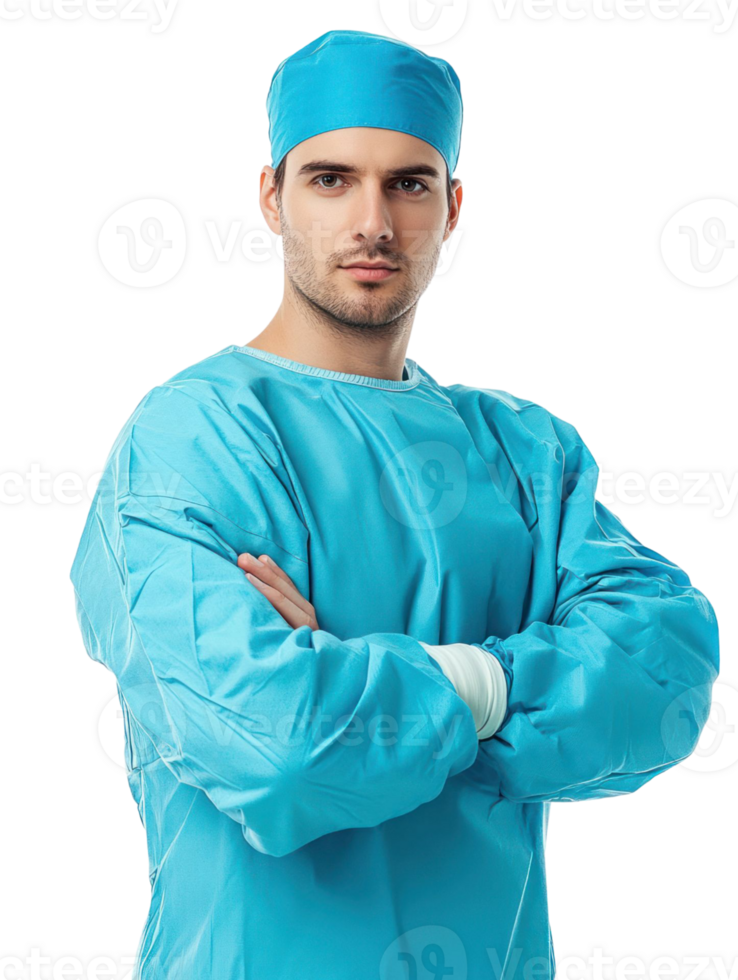 Professional Surgeon in Blue Surgical Attire with Arms Crossed against Transparent Background png