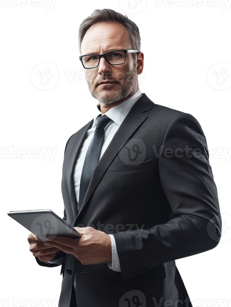 Serious Businessman in Formal Suit Holding Digital Tablet Against a Transparent Background png