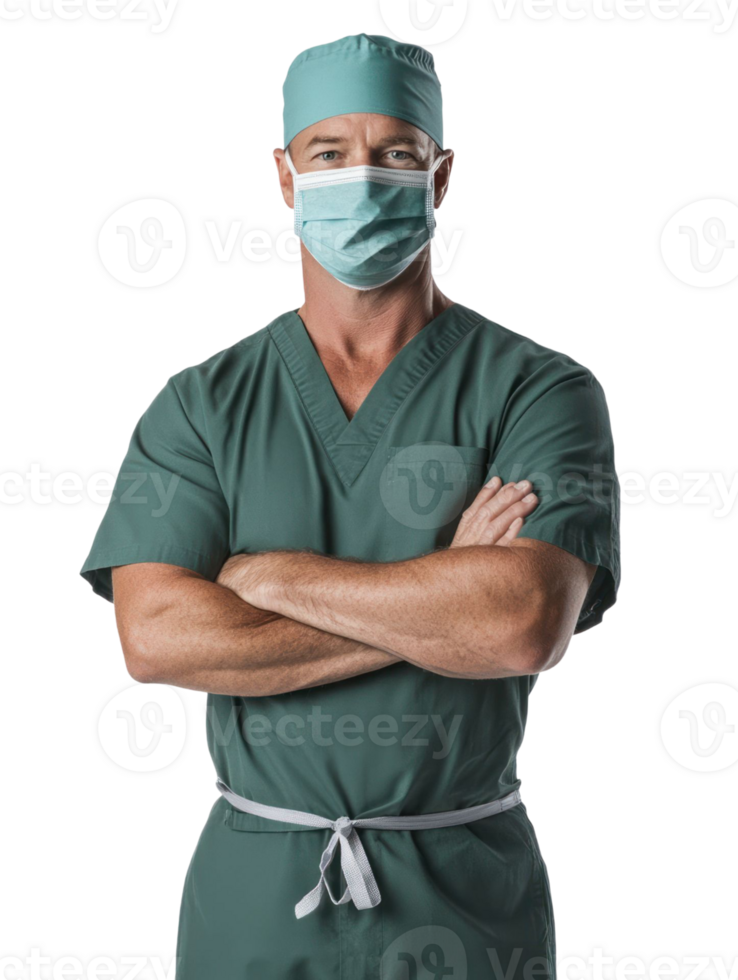Serious Male Surgeon Portrait In Green Surgical Attire With Mask And Arms Crossed Isolated on Transparent Background png