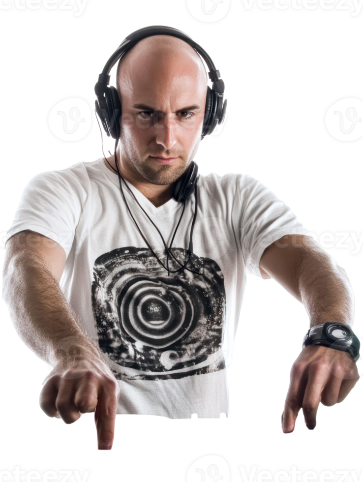 Serious Bald Man With Headset Pointing Downwards Against Transparent Background png