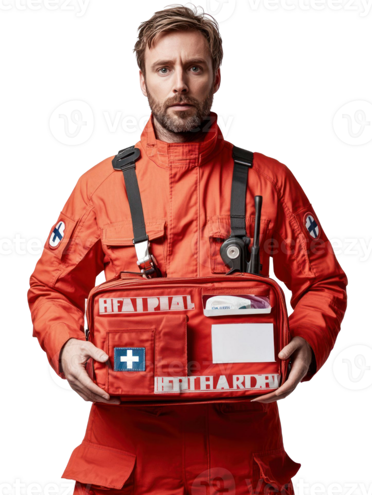 Serious Man in Red Medical Uniform Holding First Aid Kit on Transparent Background png