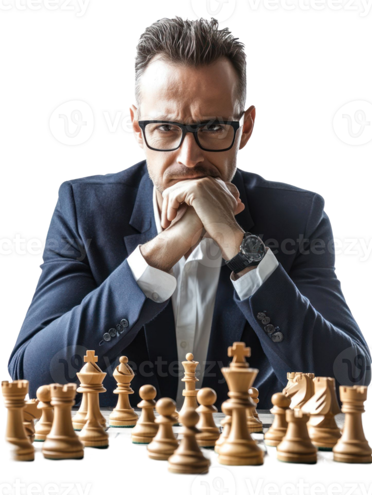 Serious Man in Suit Concentrating on Chess Game with Wooden Board and Pieces with Transparent Background png