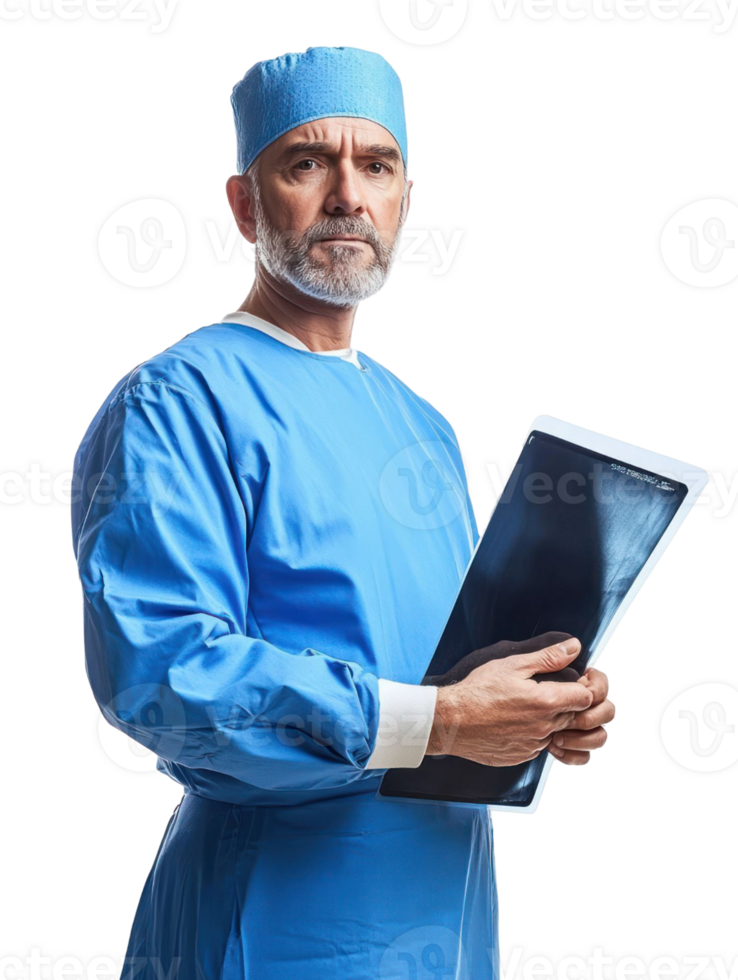 Serious Mature Doctor in Blue Surgical Attire Holding Medical Chart in Studio Shot png