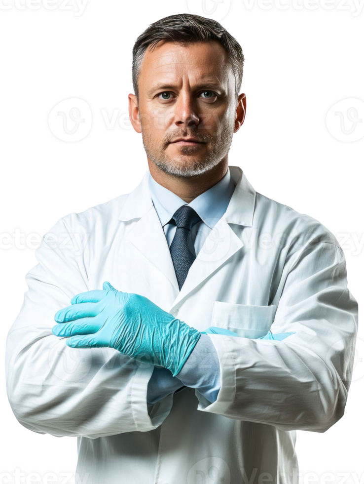 Serious Man in White Lab Coat and Blue Gloves with Arms Crossed against Transparent Background png