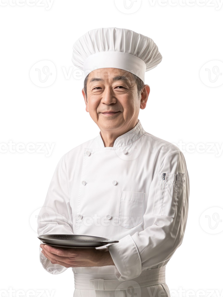 Smiling Asian Chef Portrait Holding Plate Against Transparent Background in White Uniform png