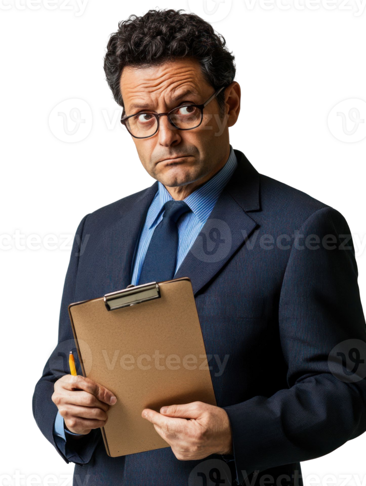 Serious Man with Eyeglasses Holding Clipboard Expressing Doubtful Thoughts on Transparent Background png