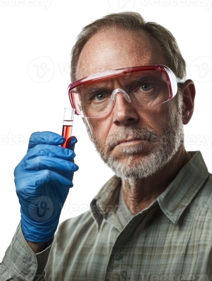 Serious Scientist Holding Red Liquid Test Tube Wearing Safety Goggles on Transparent Background png