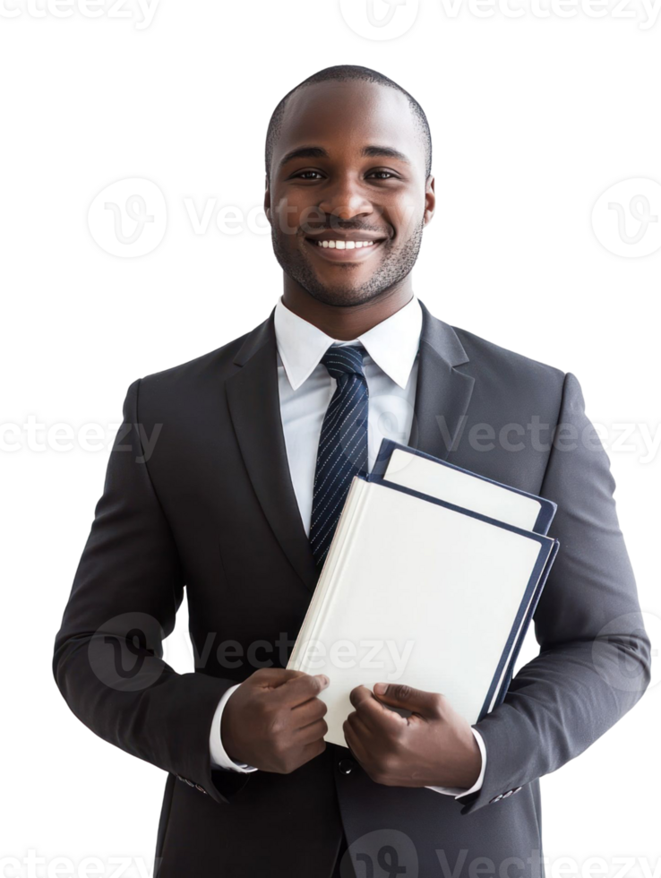 Smiling Black Man In Formal Suit Holding Documents Against Transparent Background png