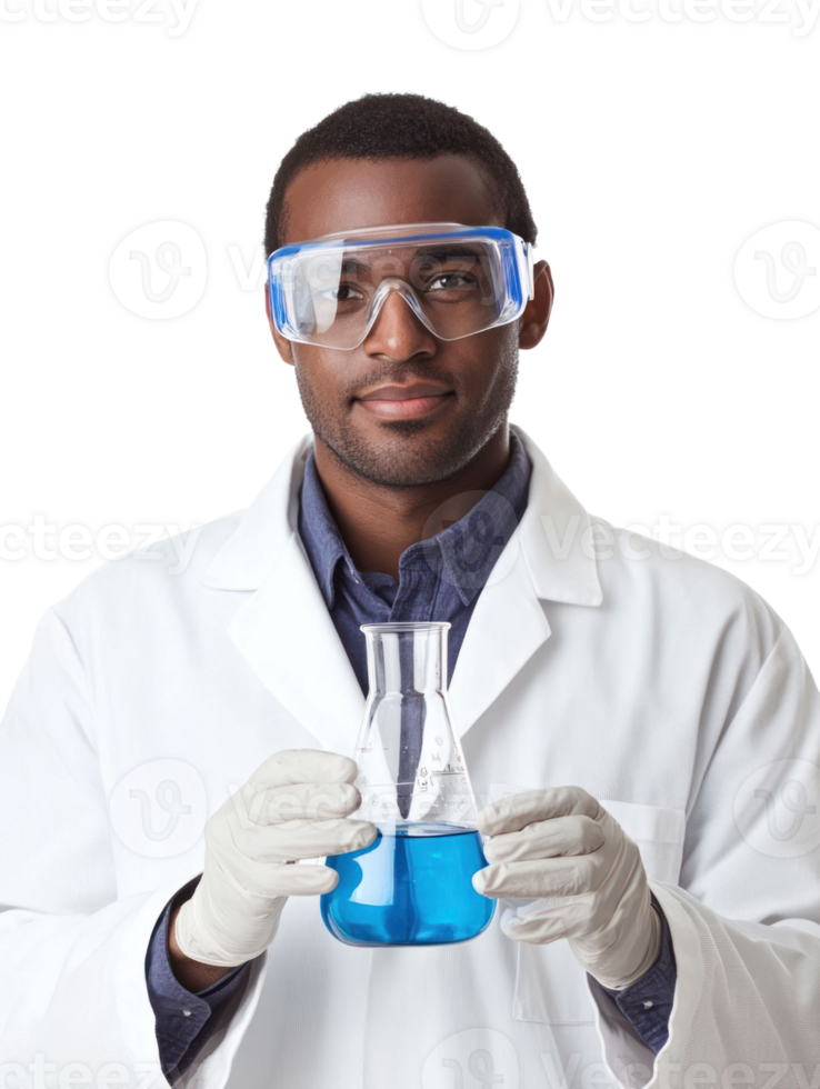 Smiling Black Scientist in White Lab Coat Holding Flask with Blue Liquid Isolated on Transparent Background png
