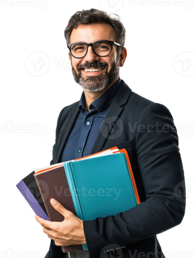 Smiling Man in Formal Suit with Glasses and Beard Holding Colorful Folders Against Transparent Background png