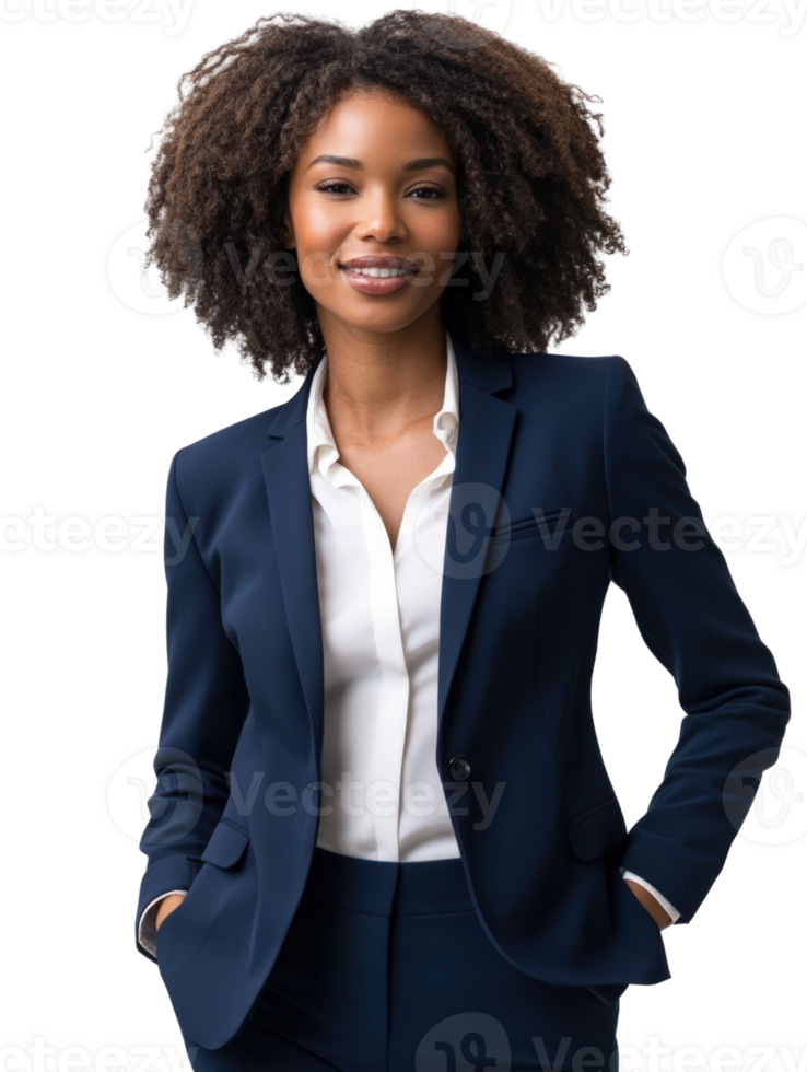 Smiling Businesswoman In Navy Suit Posing Confidently Against Transparent Background png