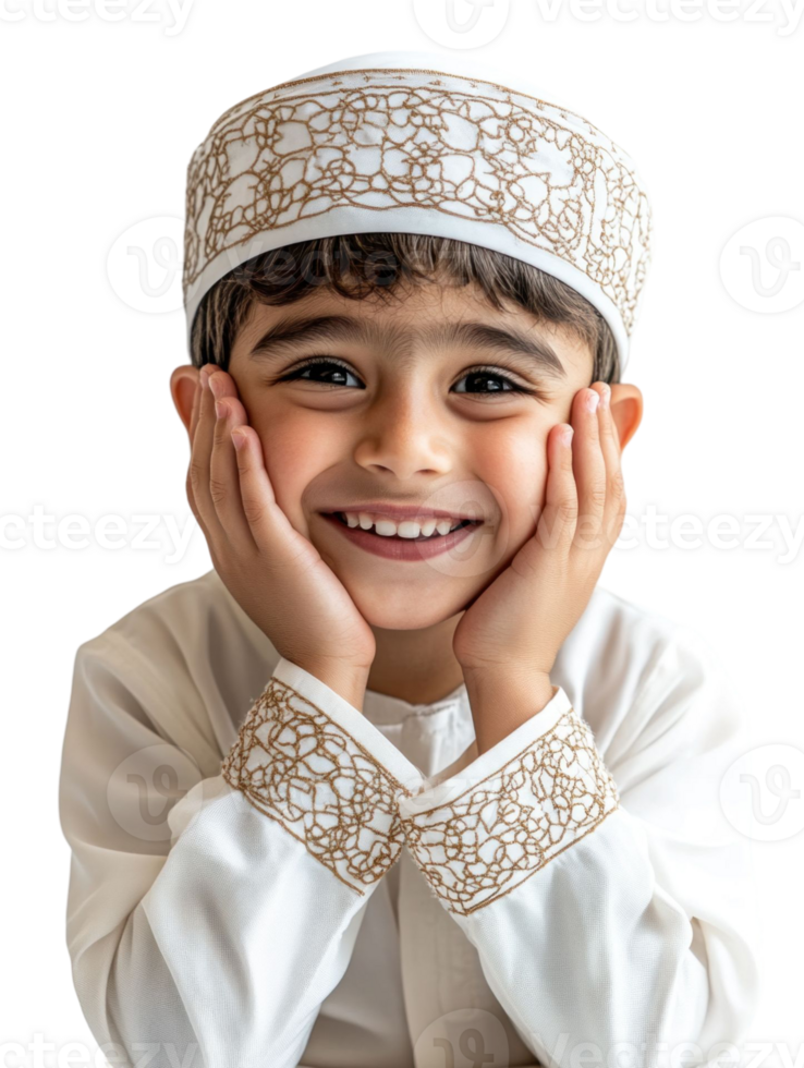 Smiling Boy Portrait in Cream Traditional Outfit with Embroidered Cap on Transparent Background png