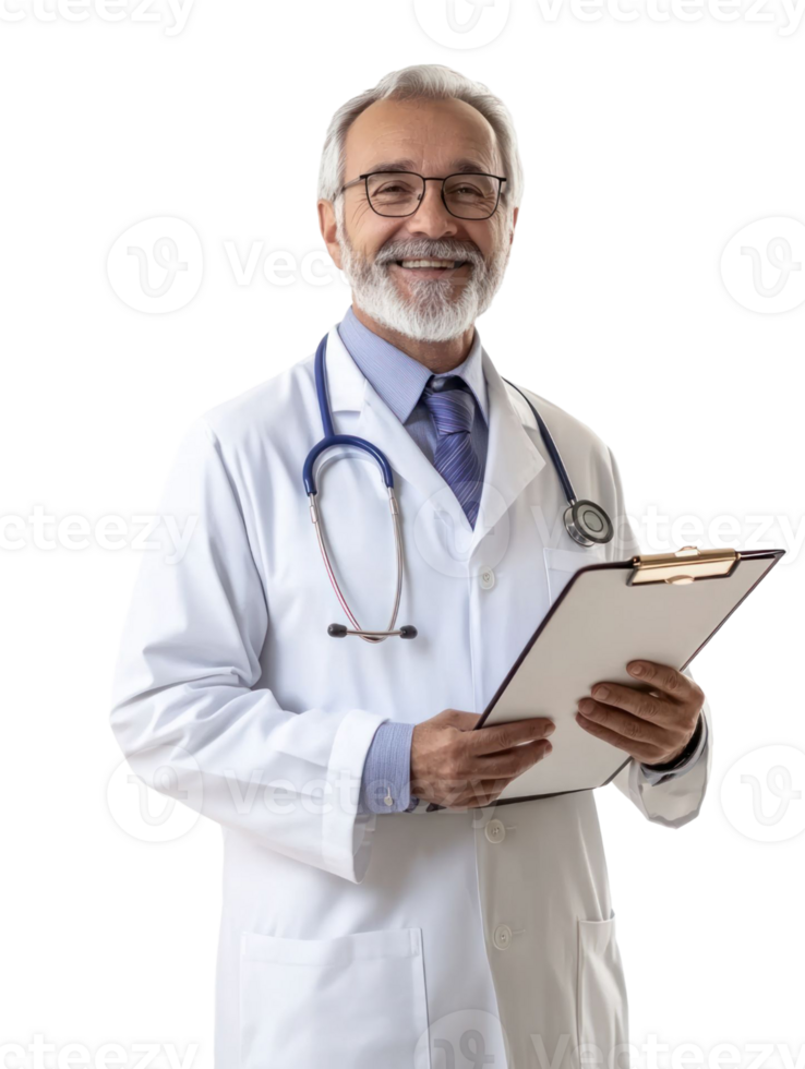Smiling Senior Doctor In White Coat With Stethoscope And Clipboard Isolated On Transparent Background png