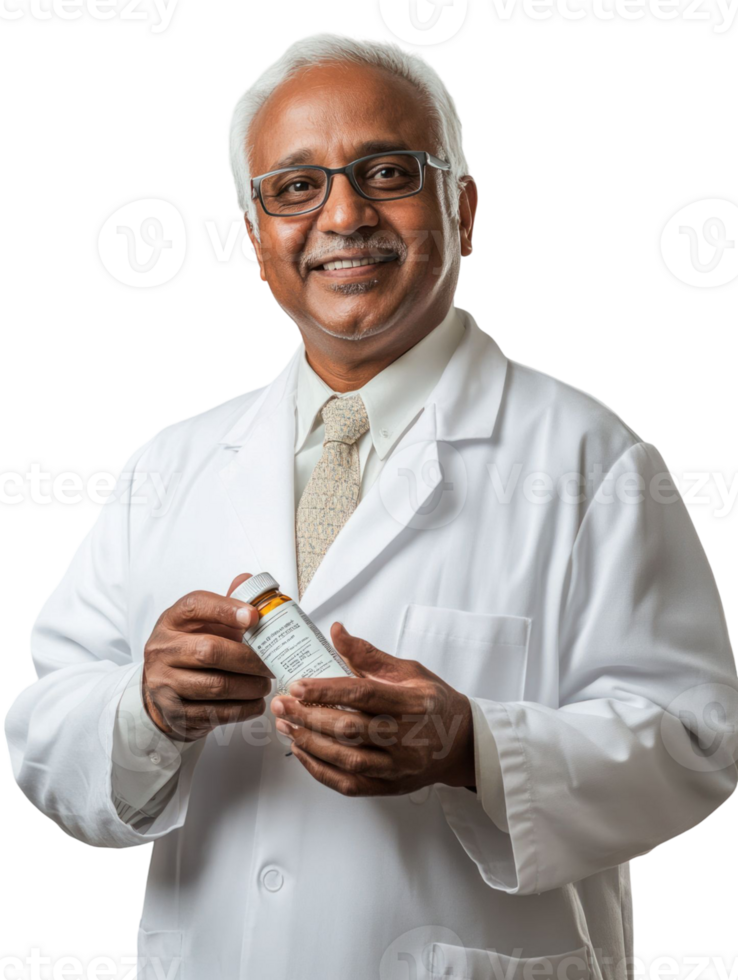 Smiling Mature Man In White Lab Coat Holds Medicine Bottle Against Transparent Backdrop png
