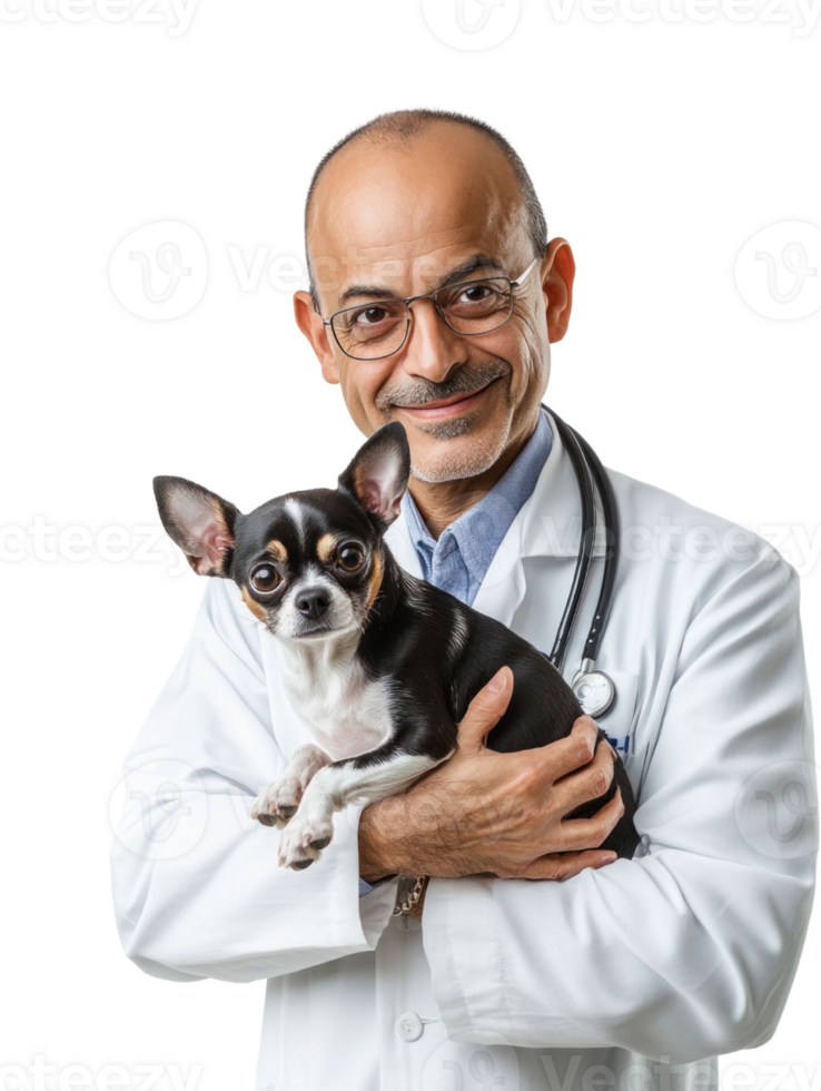 Smiling Middle Aged Doctor Holding Small Chihuahua Against Transparent Background in White Coat png