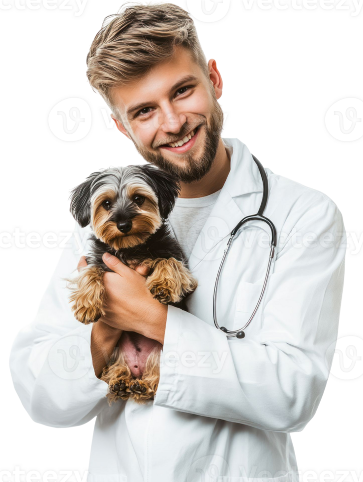Smiling Veterinarian Holding Yorkshire Terrier Dog with Stethoscope Isolated Transparent Background png