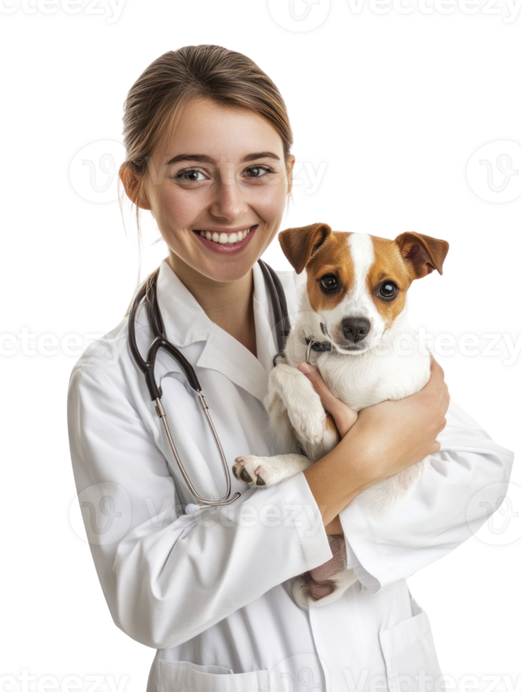 Smiling Woman Doctor in White Coat Holds Happy Dog on Transparent Background png