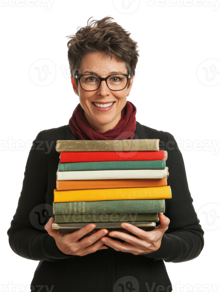 Smiling Woman Holding Stack of Colorful Books with Glasses in Studio Shot png