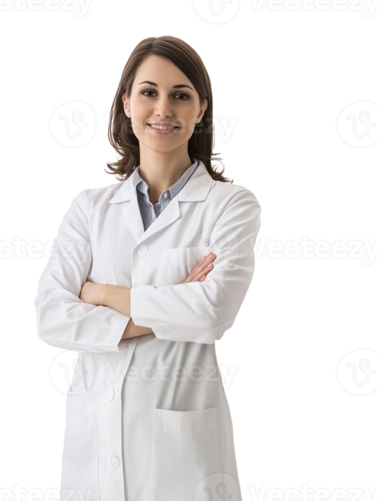 Smiling Woman In White Lab Coat Crossed Arms On Transparent Background png