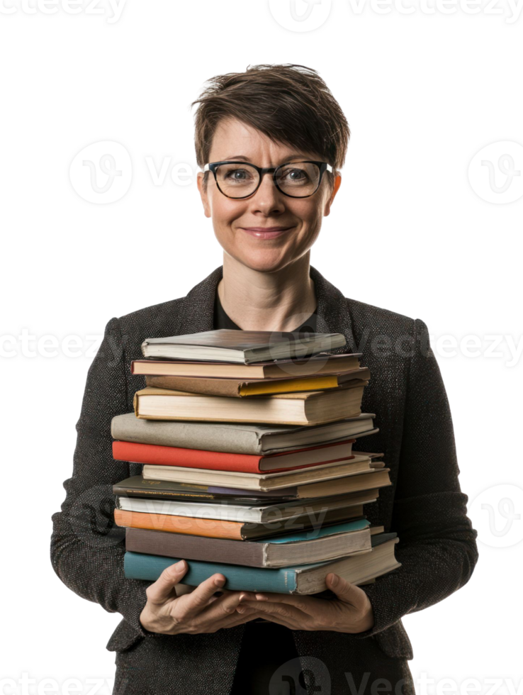 Smiling Woman Holding Stack Of Books With Glasses In Front Of Transparent Background png