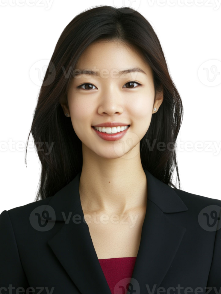 Smiling Young Asian Woman Portrait in Dark Blazer with Red Top Against Transparent Background png