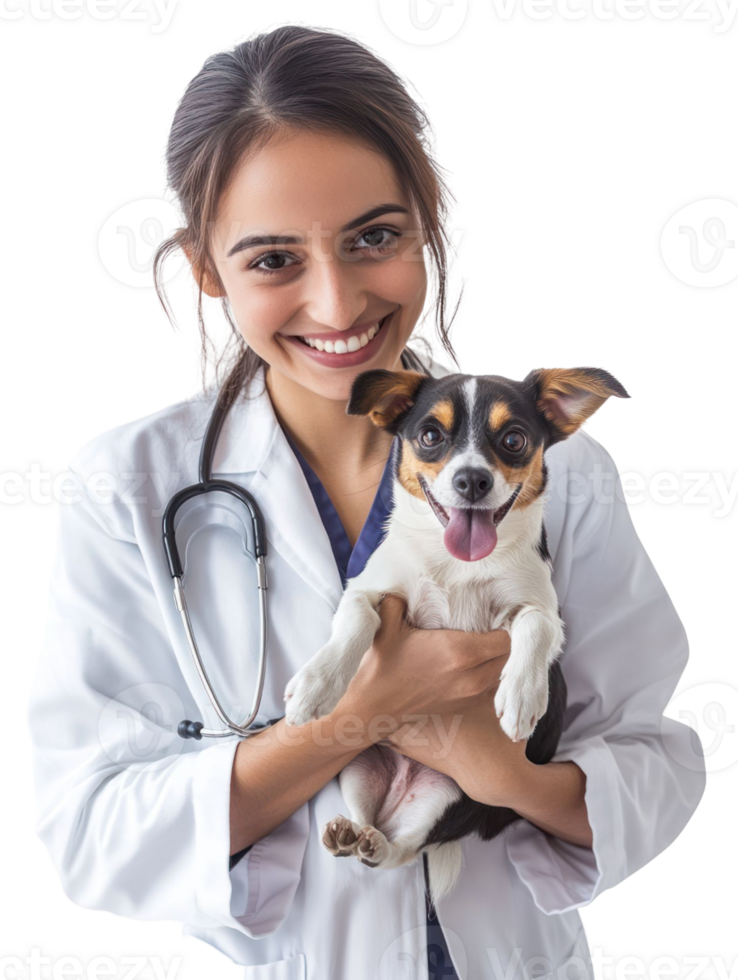 Smiling Woman Vet In White Coat Holding Small Happy Dog With Tongue Out On Transparent Background png