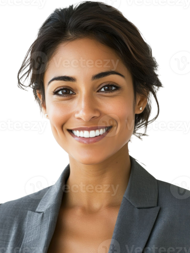 Smiling Woman Portrait in Gray Blazer with Transparent Background Smiling Face and Confident Expression png