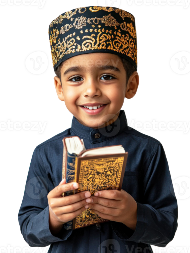 Smiling Young Boy Holding Religious Book Wearing Decorated Cap with Transparent Background png