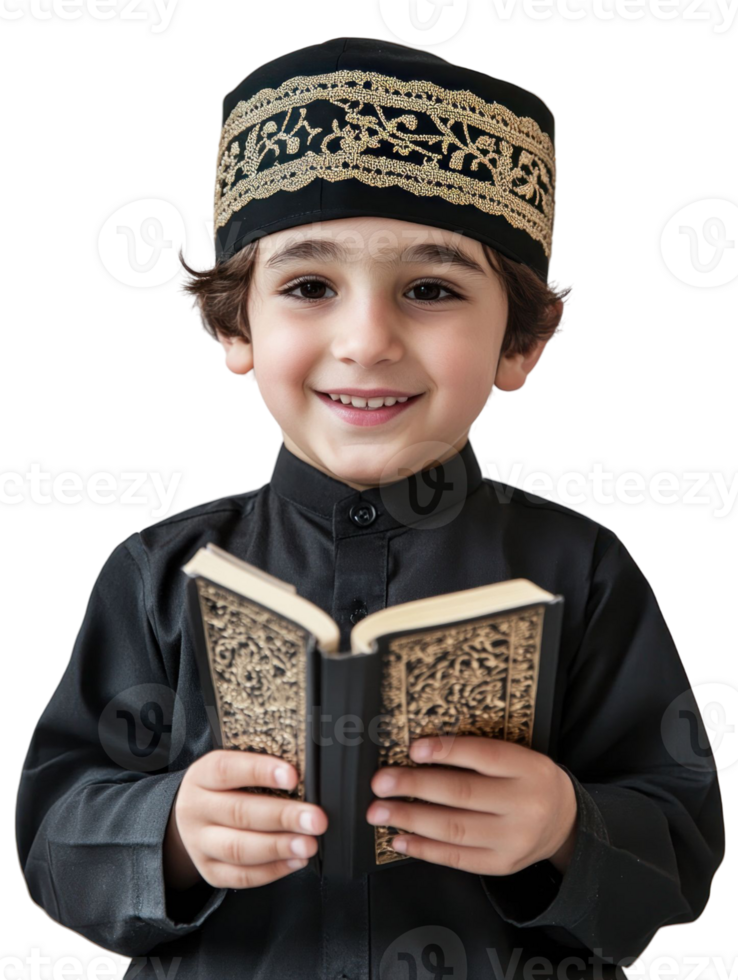 Smiling Young Boy in Black Attire Holds Open Book with Gold Accents on Transparent Background png