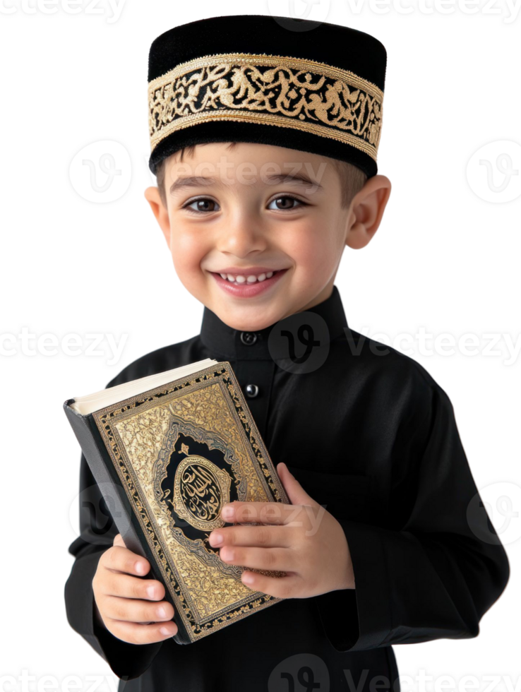 Smiling Young Boy In Islamic Attire Holding Holy Book Isolated Transparent Background png