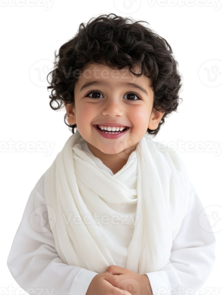 Smiling Young Child Portrait with Curly Hair in White Clothing and a Scarf Against a Transparent Background png