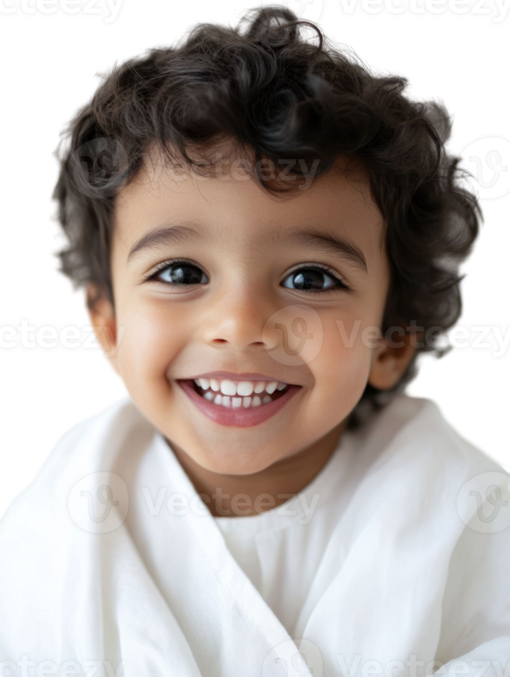 Smiling Young Boy with Curly Dark Hair Wearing White Outfit in Studio Portrait png