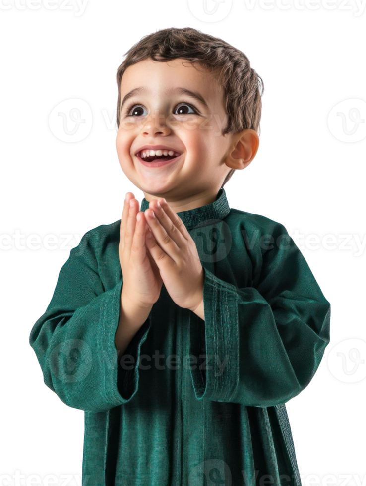 Smiling Young Boy in Green Outfit with Clasped Hands and Transparent Background png