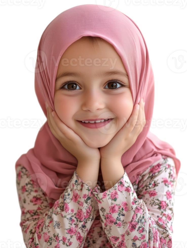 Smiling Young Girl In Pink Hijab With Hands Near Face On Transparent Background png