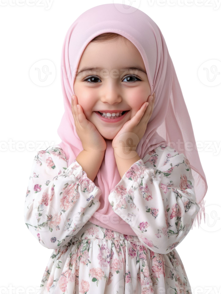 Smiling Young Girl Wearing Pink Hijab And Floral Dress With Hands On Face Isolated On Transparent Background png