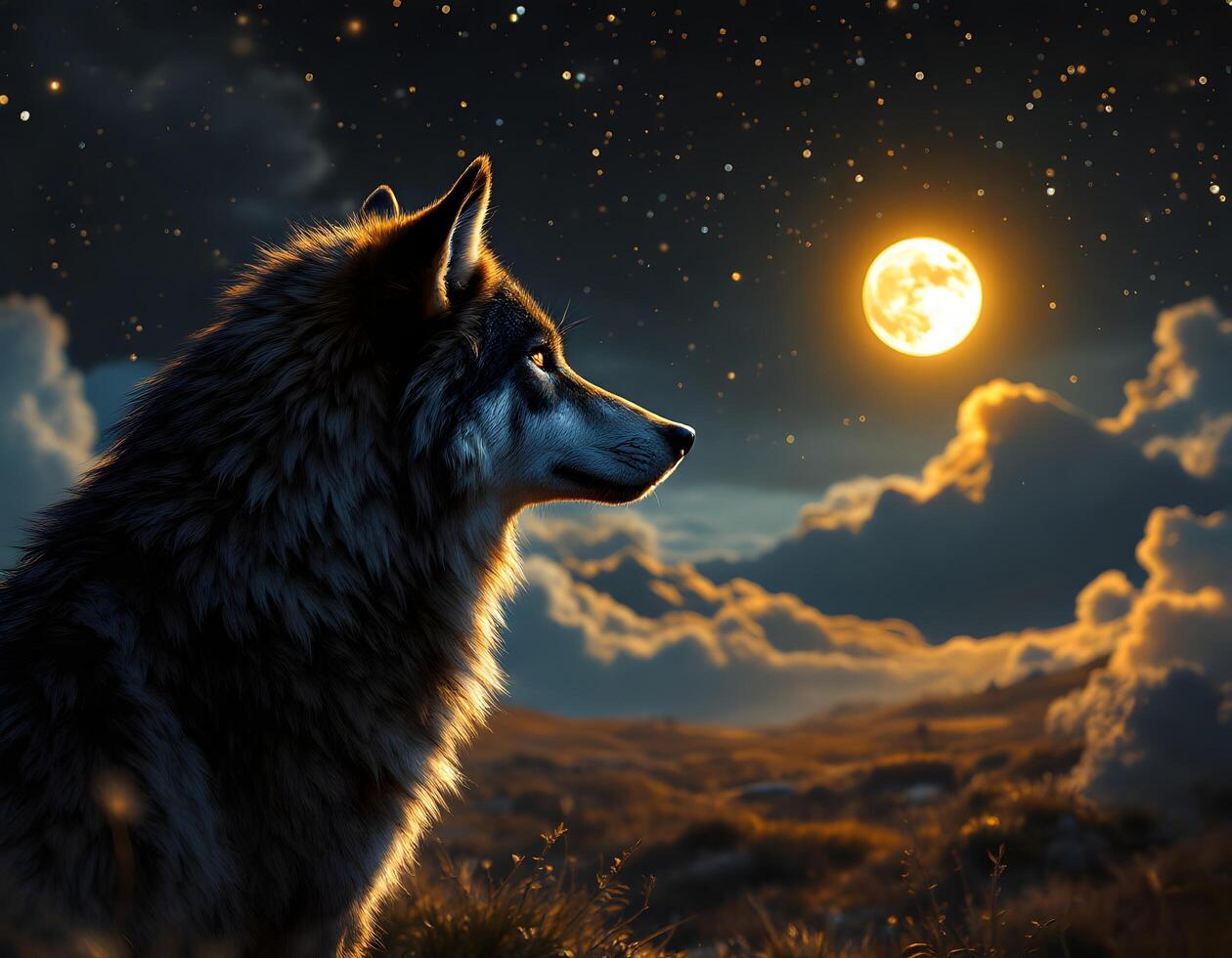 A wolf is standing in front of a full moon photo