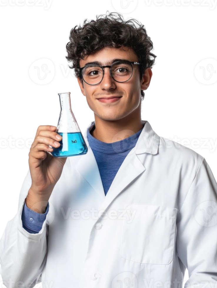 Smiling Young Scientist with Eyeglasses Holding Blue Liquid Flask in White Lab Coat against Transparent Background png