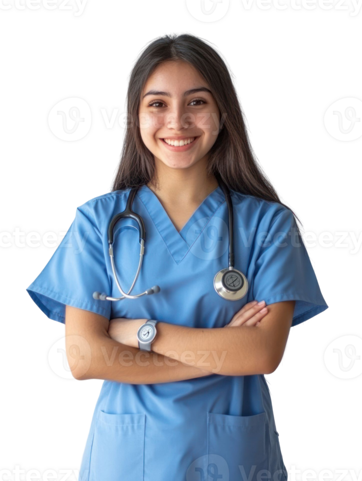 Smiling Young Woman in Blue Scrubs with Stethoscope and Arms Crossed Against Transparent Background png