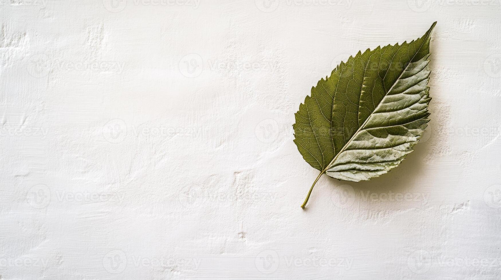 Green leaf with serrated edges resting on white textured surface, minimalist botanical detail highlighting natural organic form and texture photo