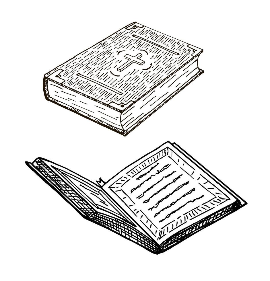 Bible hand drawn illustration. Retro sketches isolated. Collection of vintage gipsters. book with christian cross. Closed and open books. Sketch vector