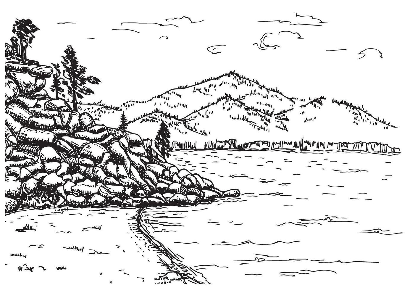 Landscape with lake and mountains sketch. Wild natural landscape with mountains, lake, trees, rocks. Hand drawn vector